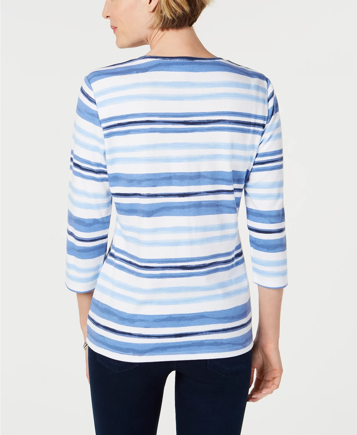 Blusa feminina listrada com decote em V Karen Scott, azul, tamanho extragrande