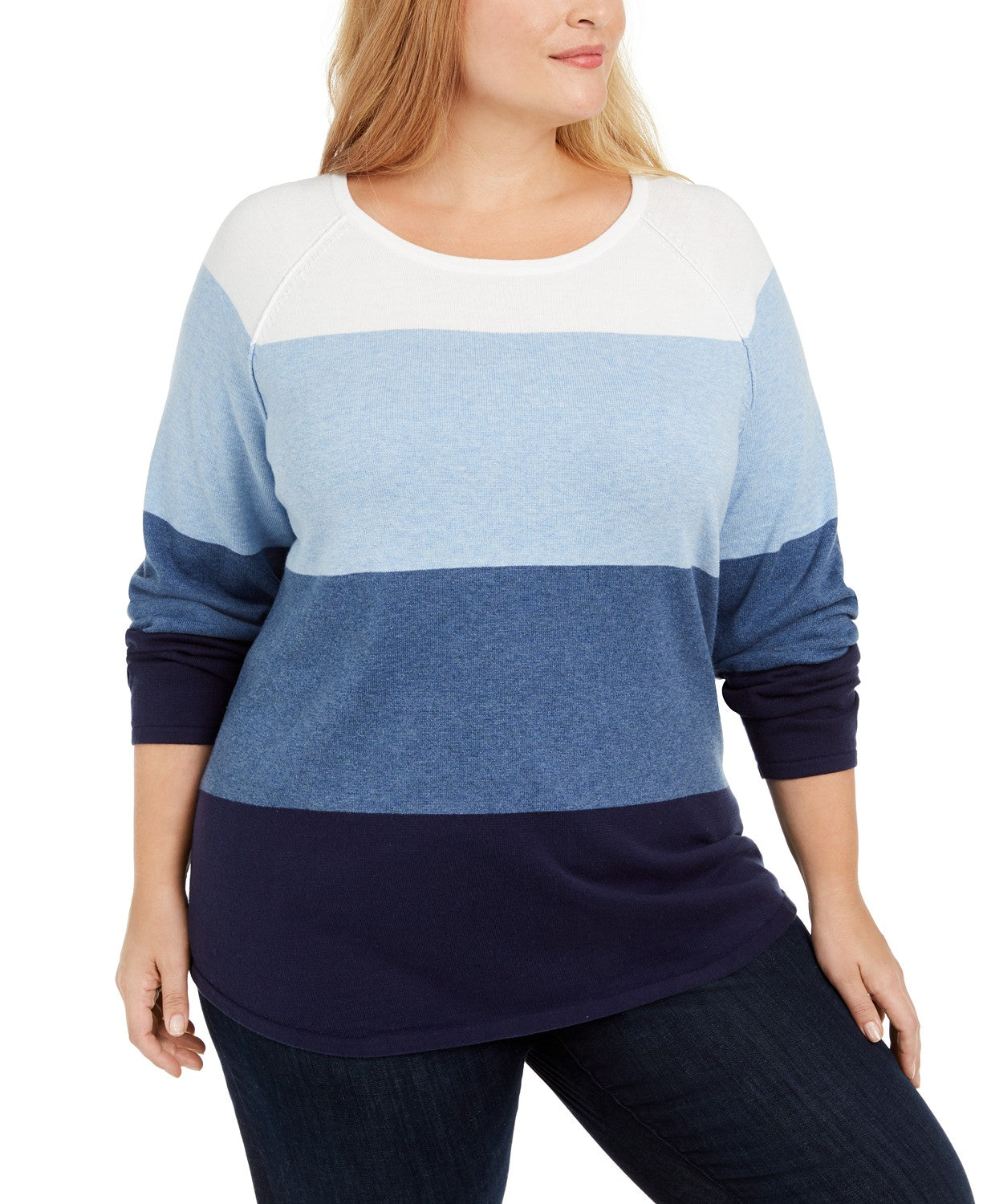 Karen Scott Suéter Plus Size Feminino de Algodão Colorblock Azul Brilhante Tamanho 3X