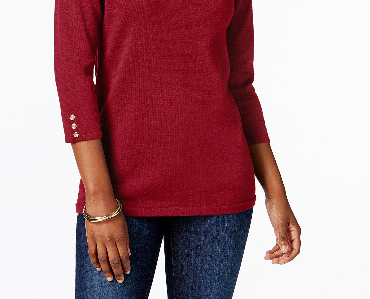 Karen Scott Suéter feminino de algodão com acabamento em botões, tamanho médio, vermelho