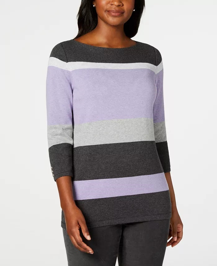 Karen Scott Suéter feminino listrado com decote canoa, roxo, tamanho extragrande