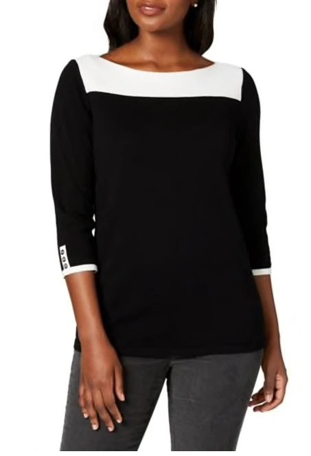 Karen Scott Suéter Feminino de Algodão Colorblock Preto Tamanho P