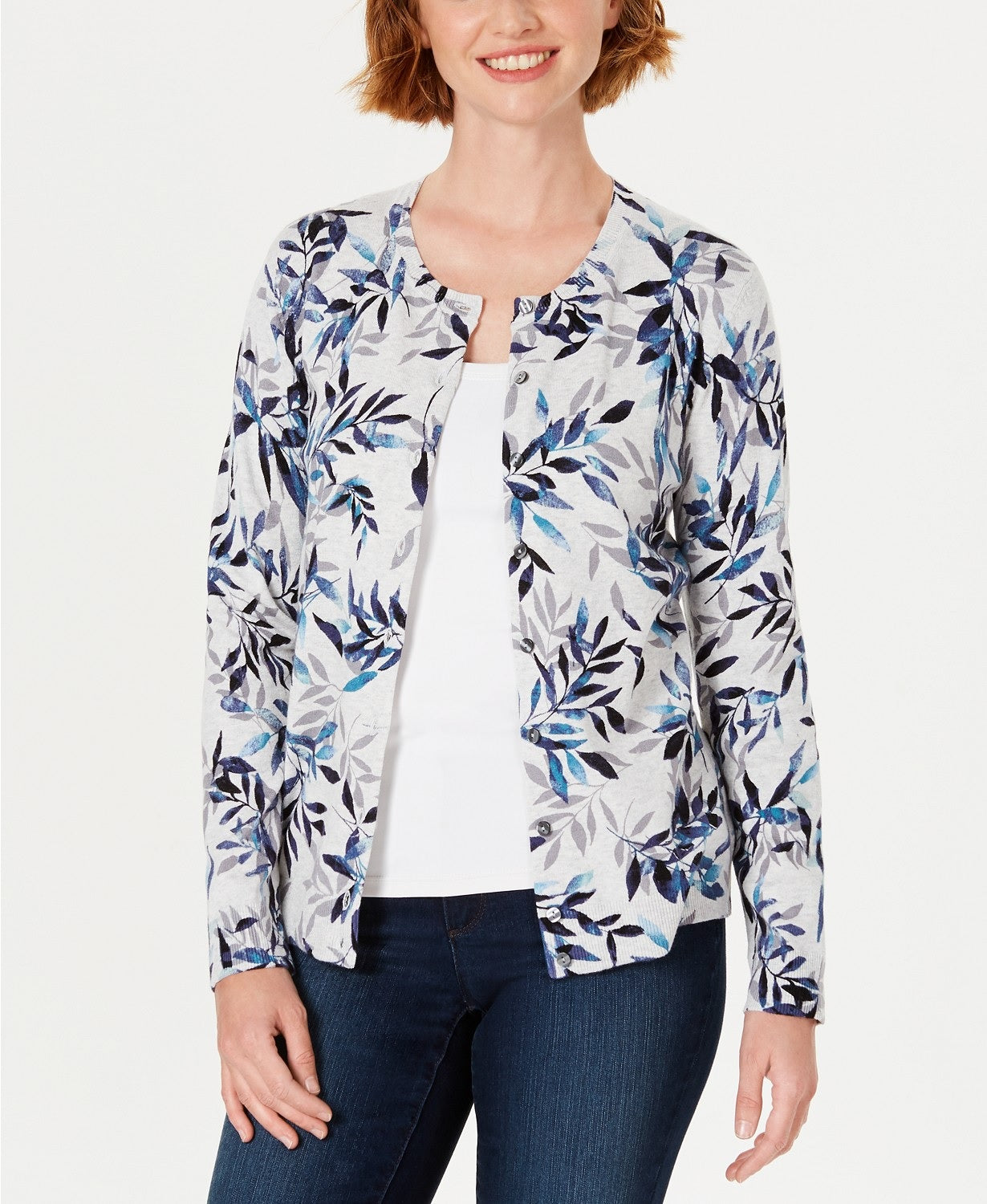 Karen Scott Cardigan Feminino Estampado de Folhas Cinza Tamanho P