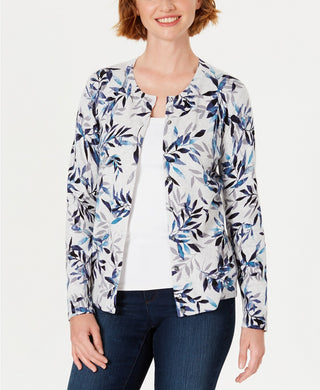 Karen Scott Cardigan Feminino Estampado de Folhas Cinza Tamanho P
