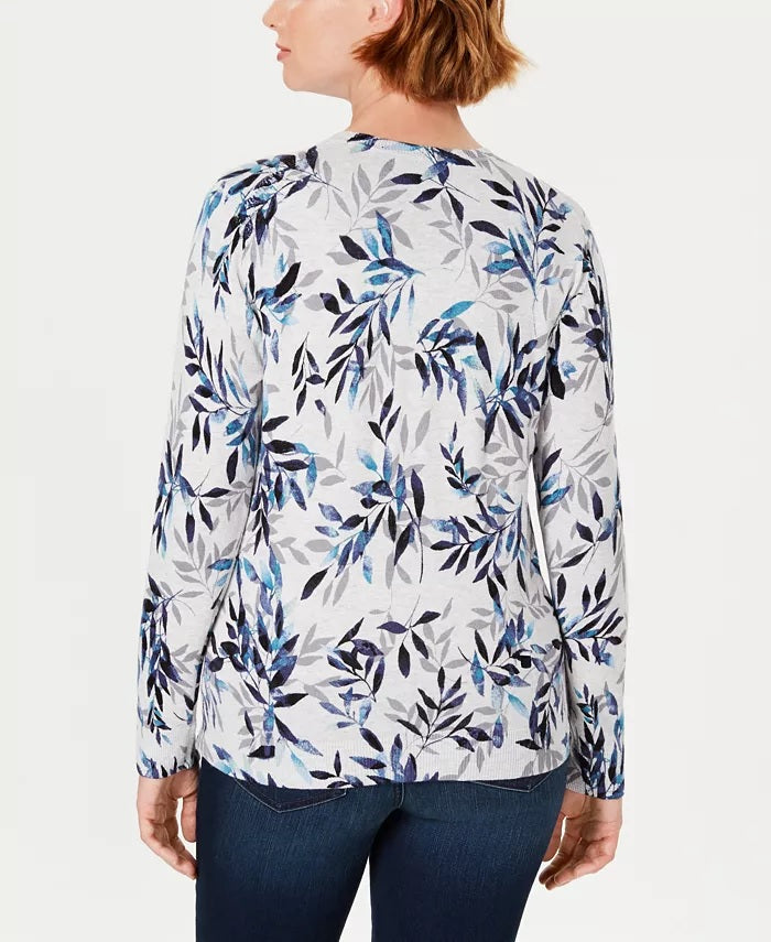 Karen Scott Cardigan Feminino Estampado de Folhas Cinza Tamanho P