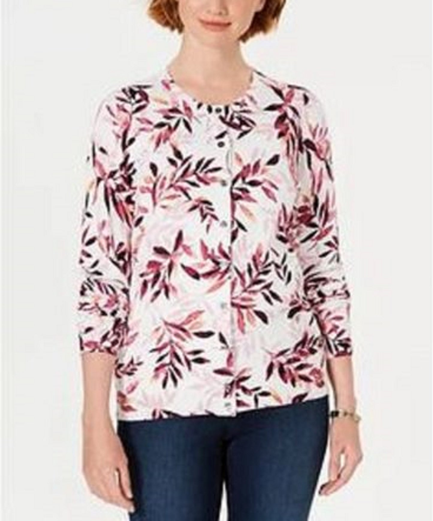 Karen Scott Cardigan Feminino Estampado de Folhas Branco Tamanho P