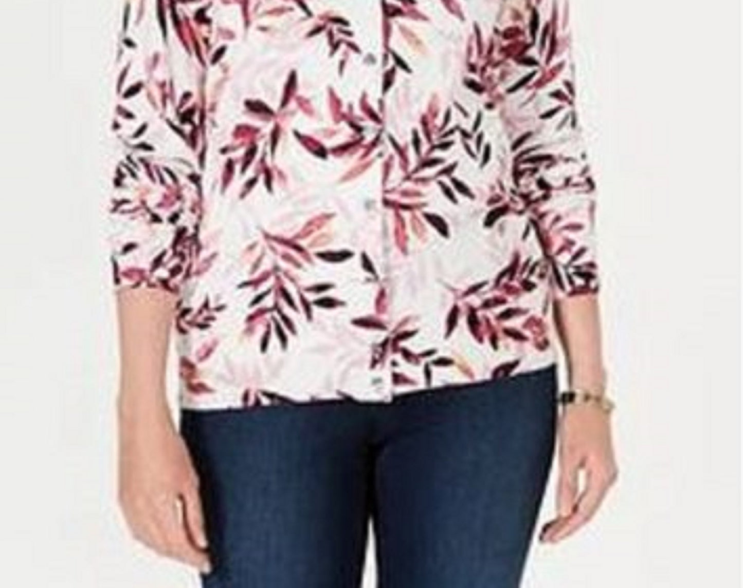 Karen Scott Cardigan Feminino Estampado de Folhas Branco Tamanho P