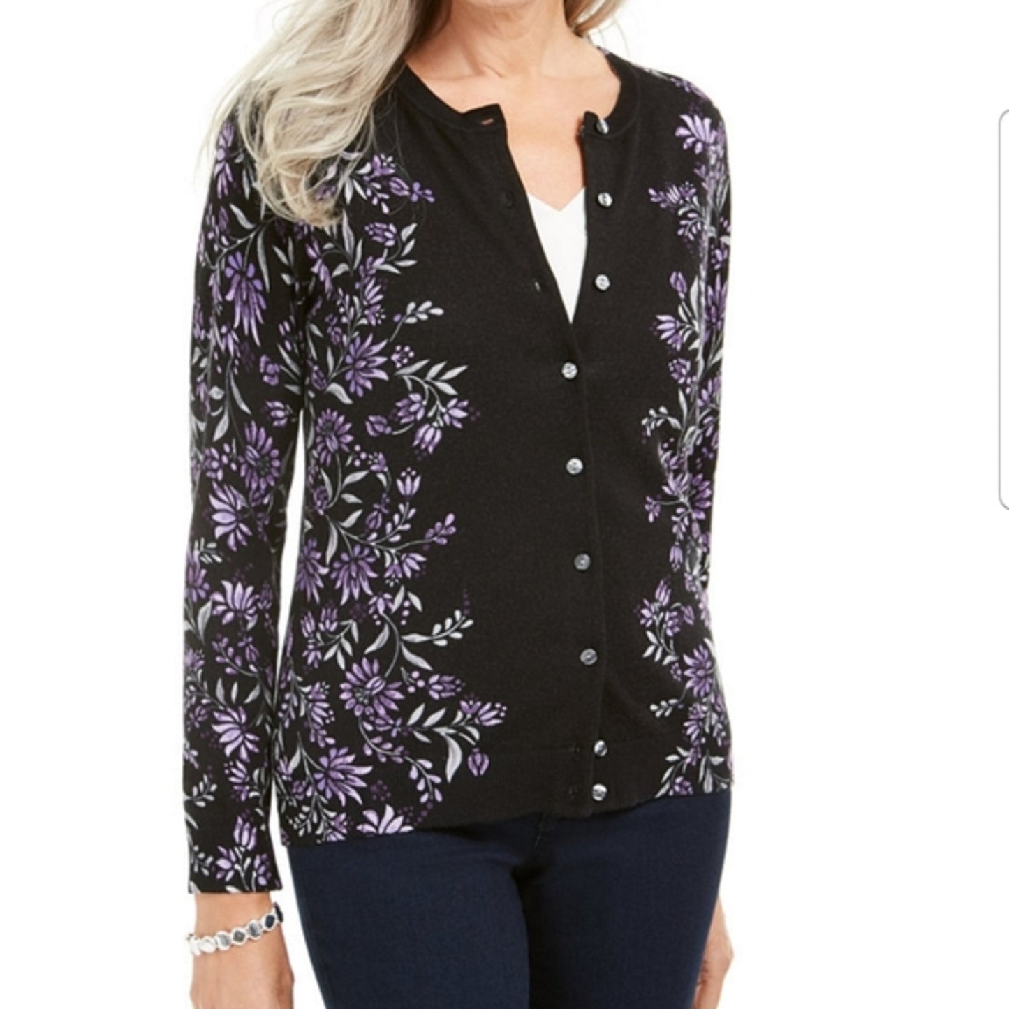 Karen Scott Cardigan Feminino com Estampa Floral e Botões Roxo Tamanho P