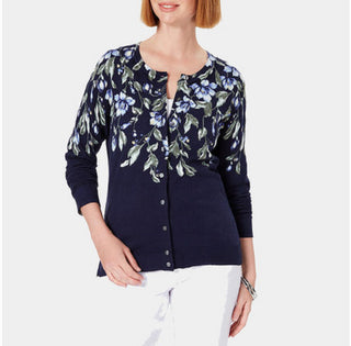Karen Scott Cardigan Feminino Estampado Floral Preto Tamanho Médio