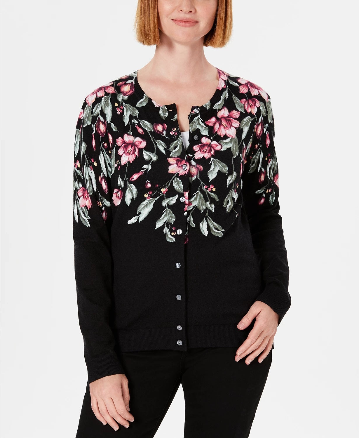 Cardigan feminino com estampa floral Karen Scott, preto, tamanho XS