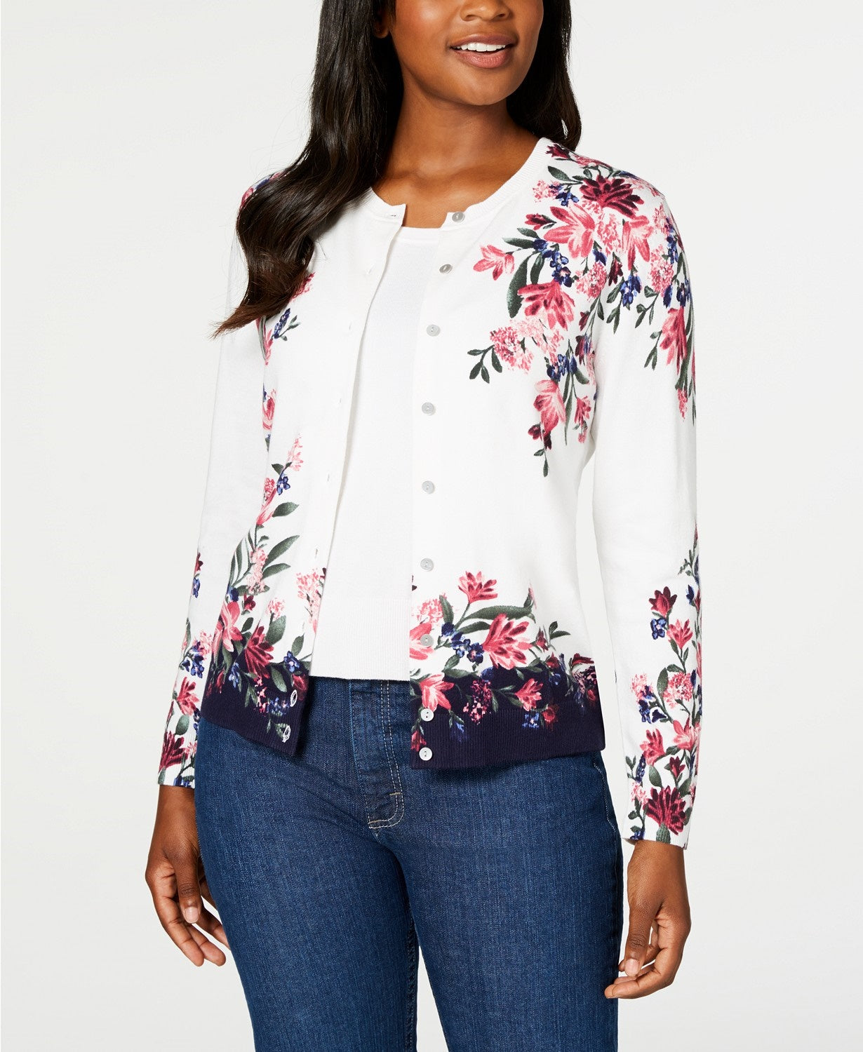 Karen Scott Cardigan Feminino Estampado Floral Branco Tamanho Médio