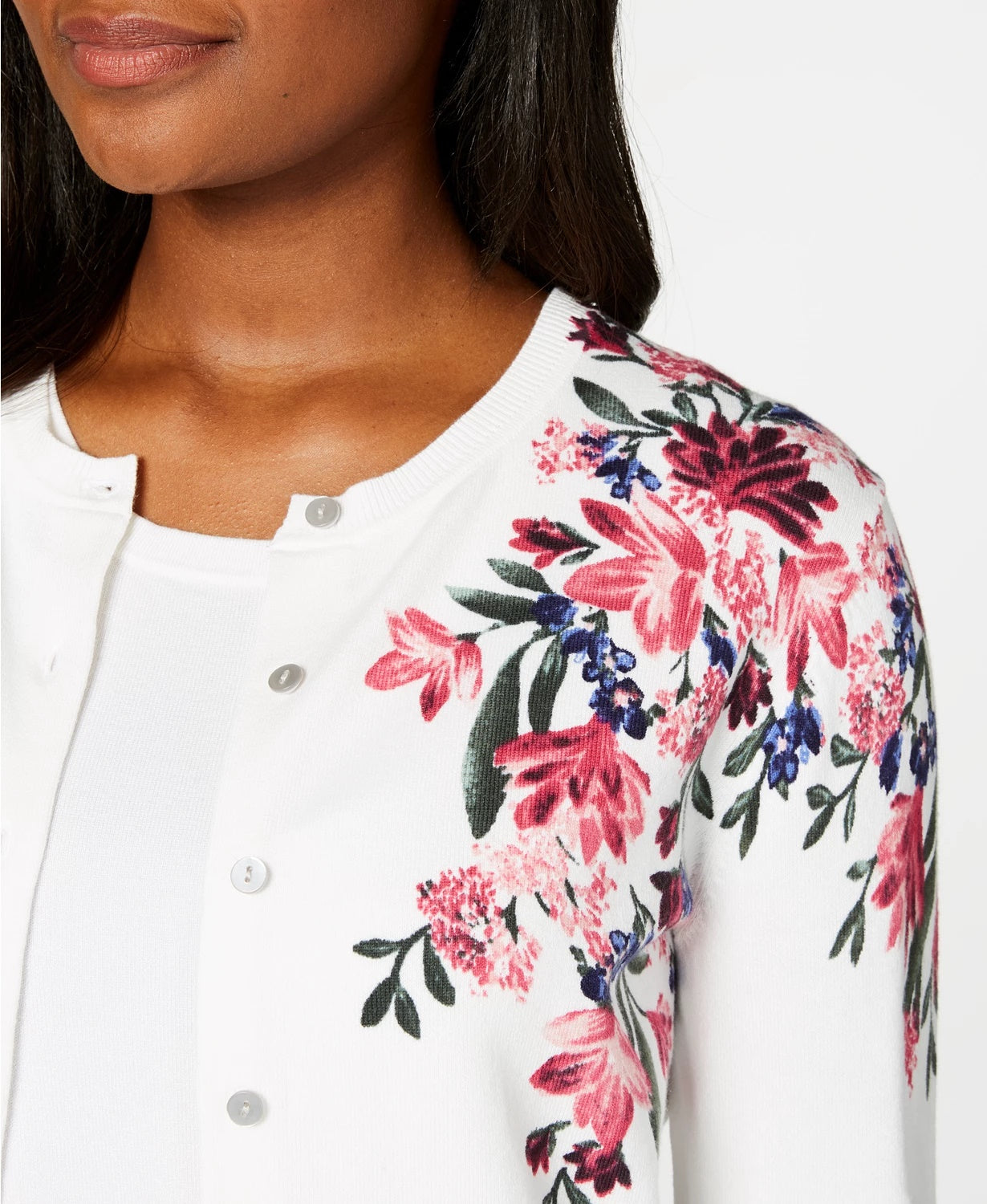 Karen Scott Cardigan Feminino Estampado Floral Branco Tamanho Médio