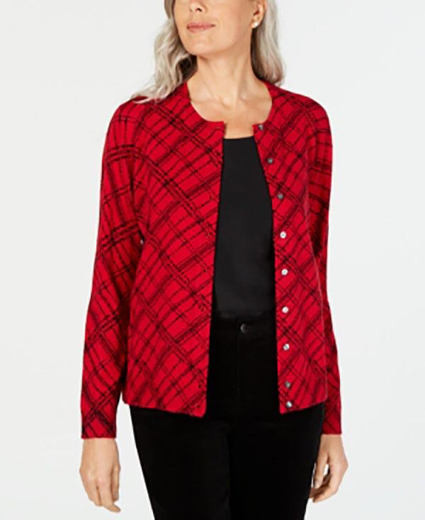 Karen Scott Cardigan Xadrez Pamela Feminino Vermelho Brilhante Tamanho Pequeno