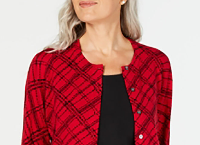 Karen Scott Cardigan Xadrez Pamela Feminino Vermelho Brilhante Tamanho Pequeno