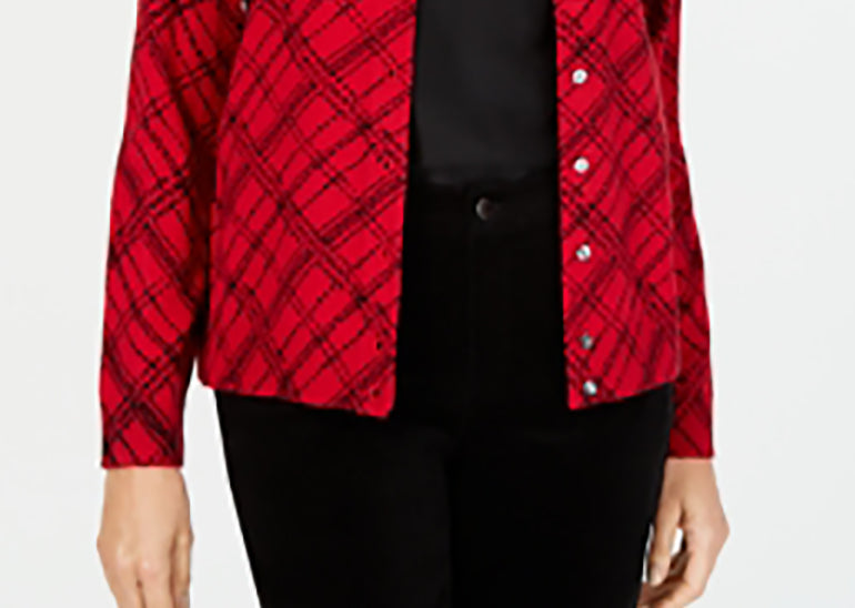 Karen Scott Cardigan Xadrez Pamela Feminino Vermelho Brilhante Tamanho Pequeno