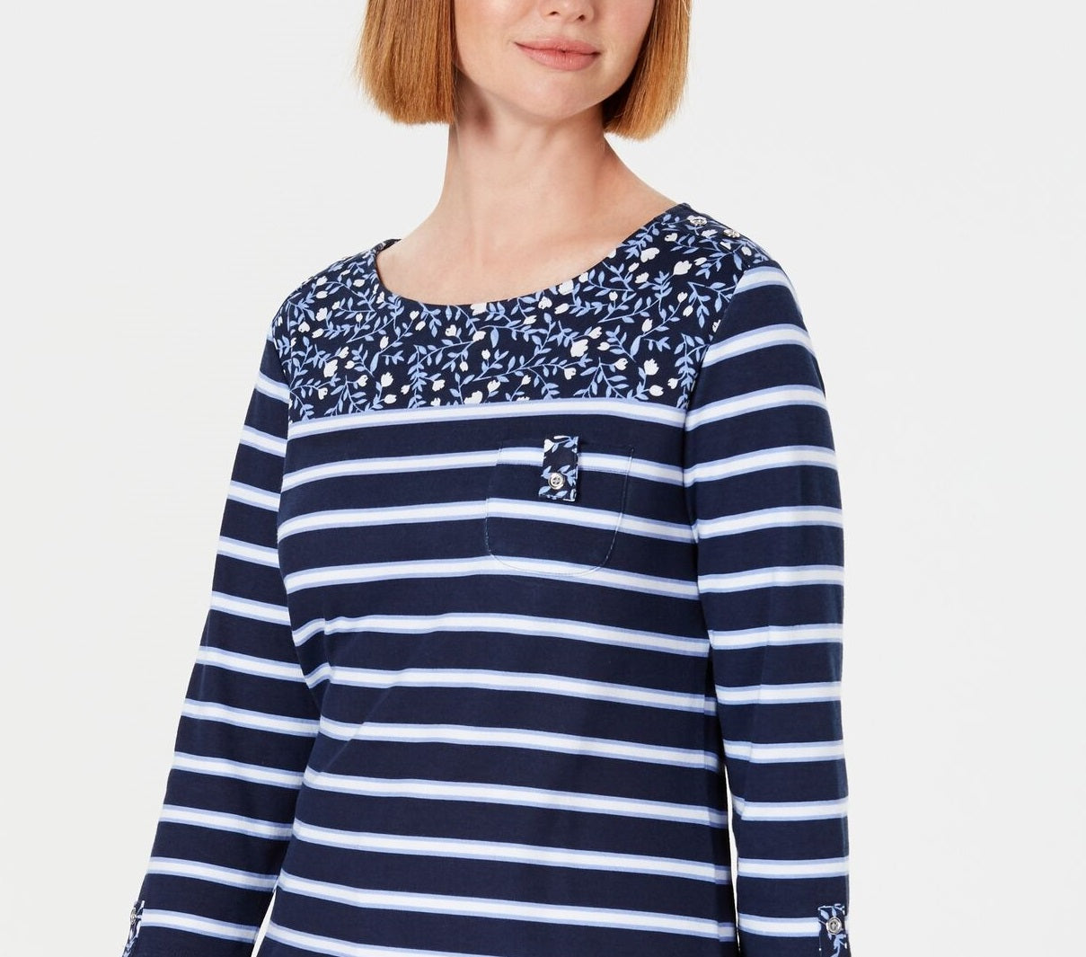 Karen Scott Top feminino pequeno com bolso floral e listrado, tamanho azul-marinho pequeno médio