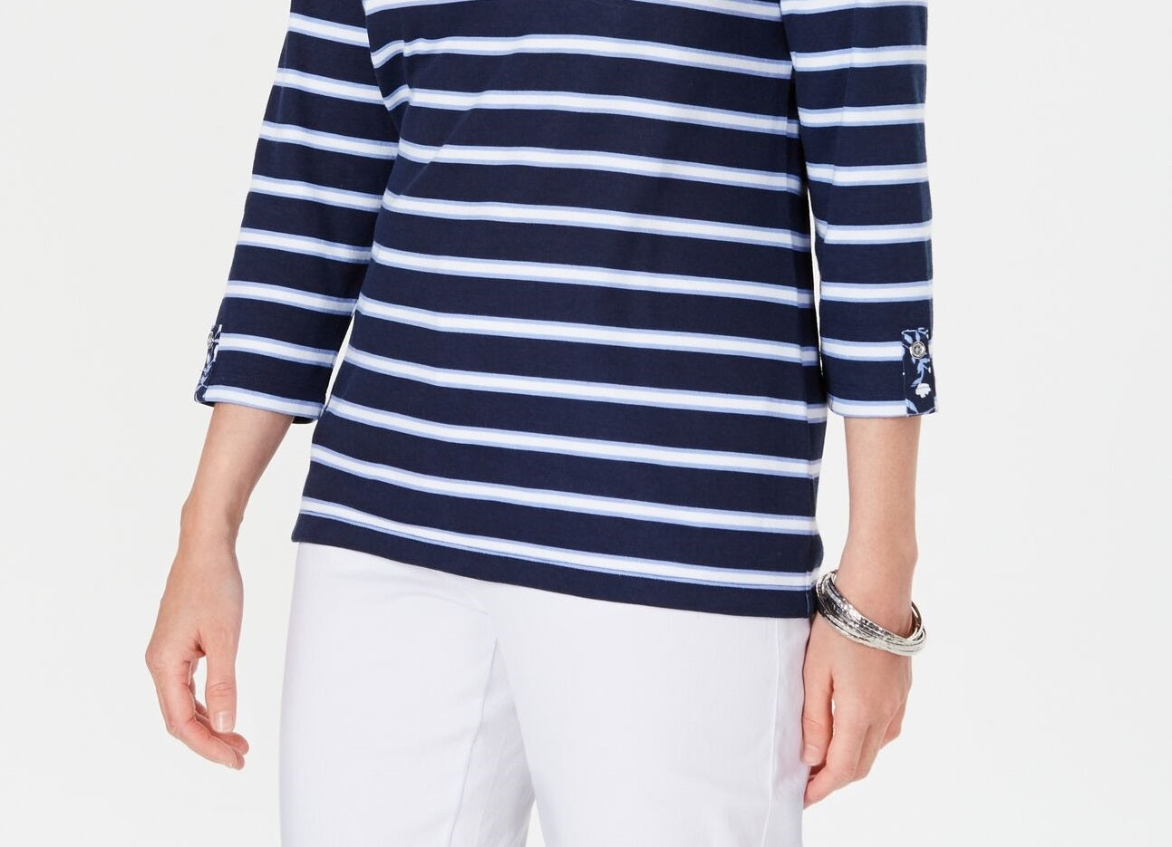 Karen Scott Top feminino pequeno com bolso floral e listrado, tamanho azul-marinho pequeno médio