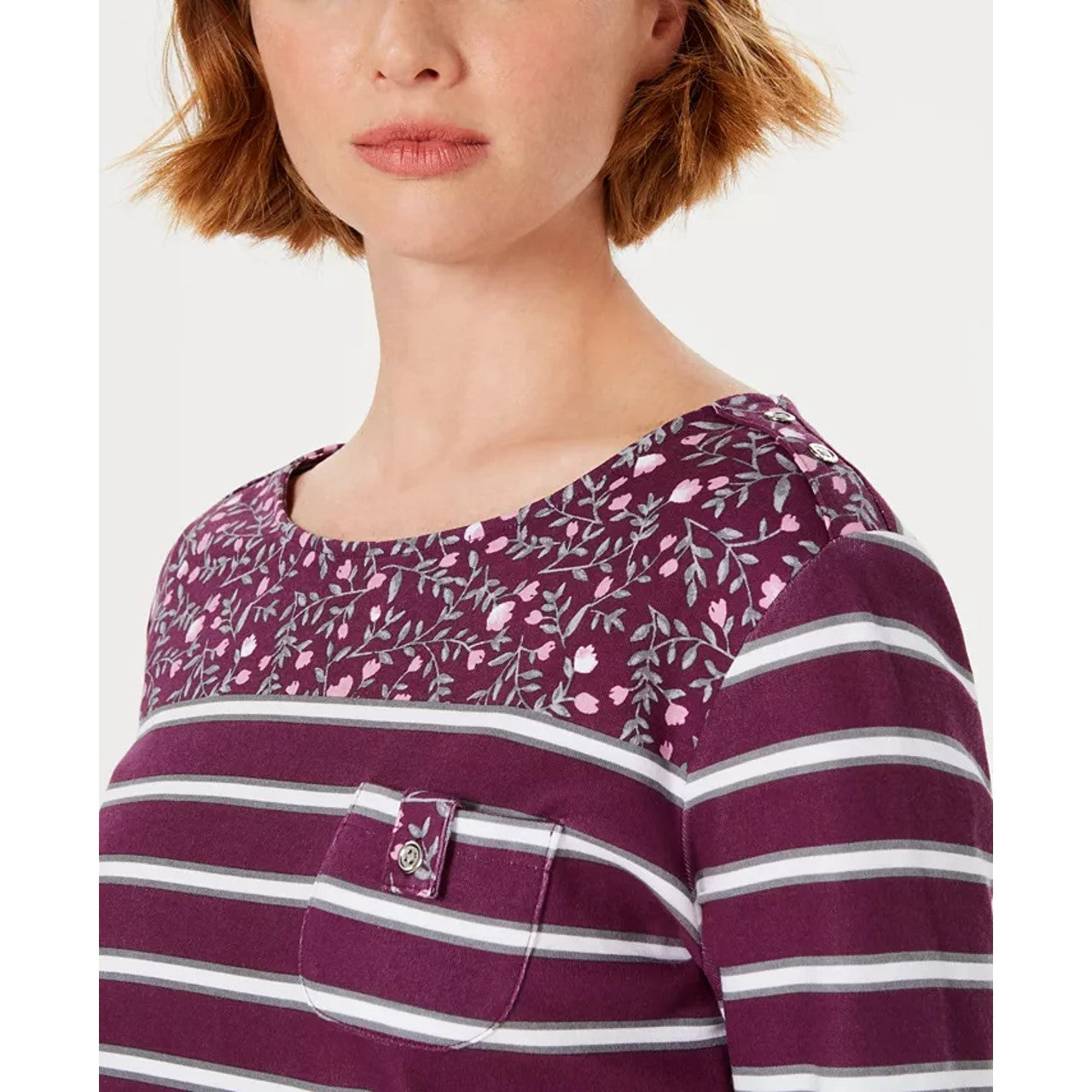 Blusa feminina Karen Scott Ditsy com bolso floral e listrado, tamanho Berry PXL