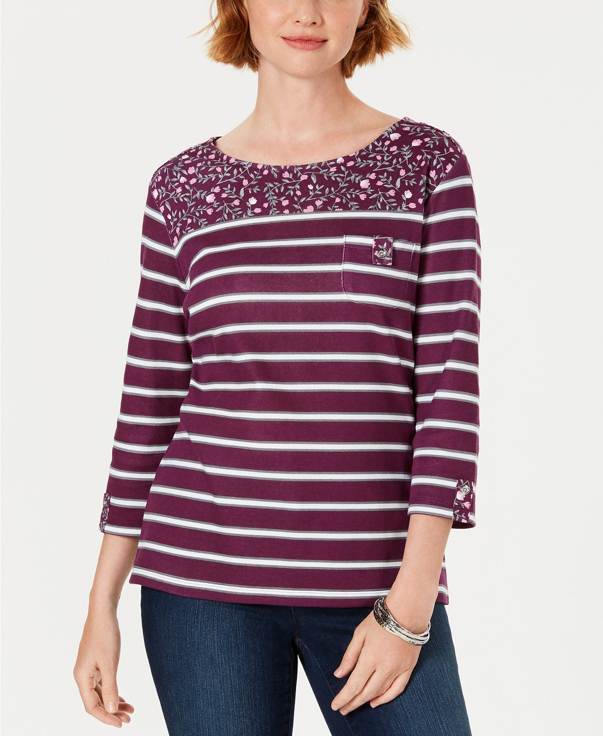Blusa feminina Karen Scott Ditsy com bolso floral e listrado, tamanho Berry PXL