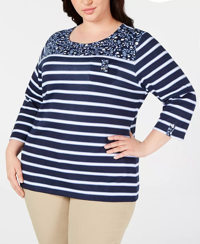 Karen Scott Blusa feminina plus size estampada manga 3/4 azul tamanho 2 extra grande