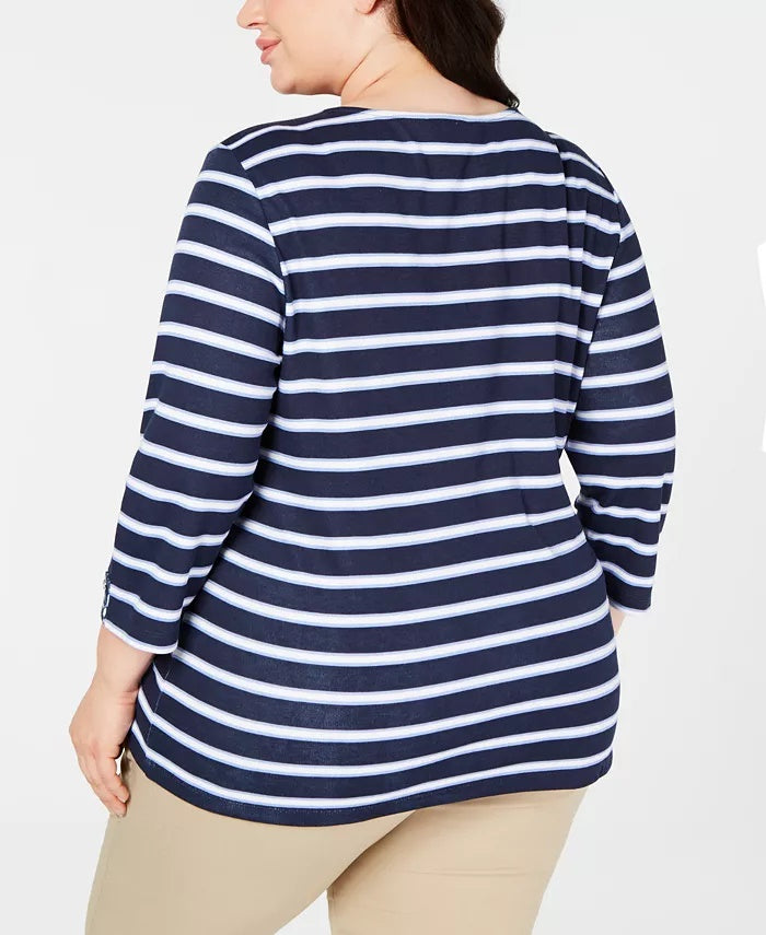 Karen Scott Blusa Plus Size Estampada Manga 3/4 Feminina Azul Tamanho Extra Grande