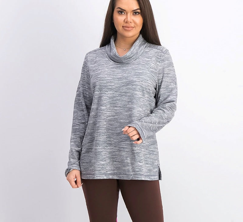 Karen Scott Sport Feminino Space-Dyed Cowlneck Top Cinza Tamanho Médio