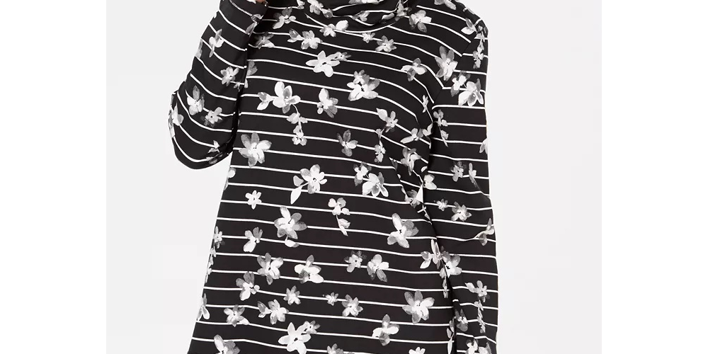 Karen Scott Top esportivo feminino com estampa de gola funil, preto, tamanho extragrande