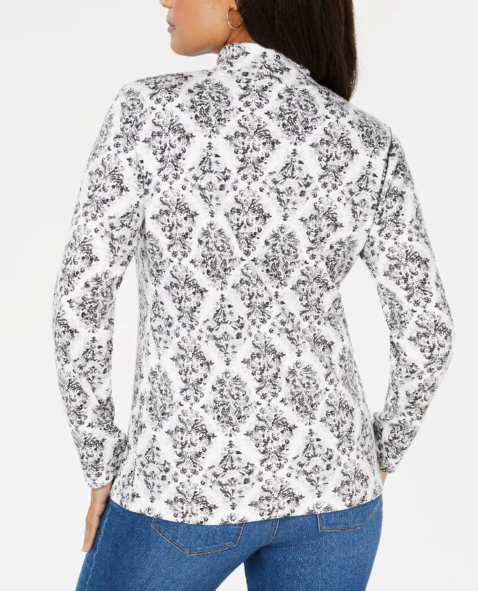 Karen Scott Blusa Plus Size Estampada Gola Mock Feminina Cinza Médio Tamanho 2X