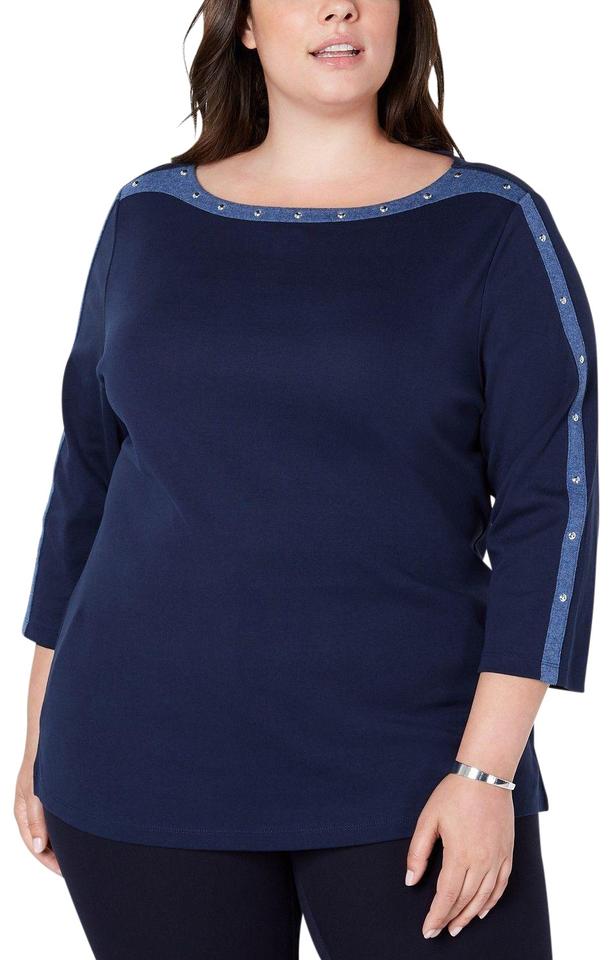 Karen Scott Blusa Feminina Manga 3/4 com Acabamento em Tachas Azul Tamanho Grande