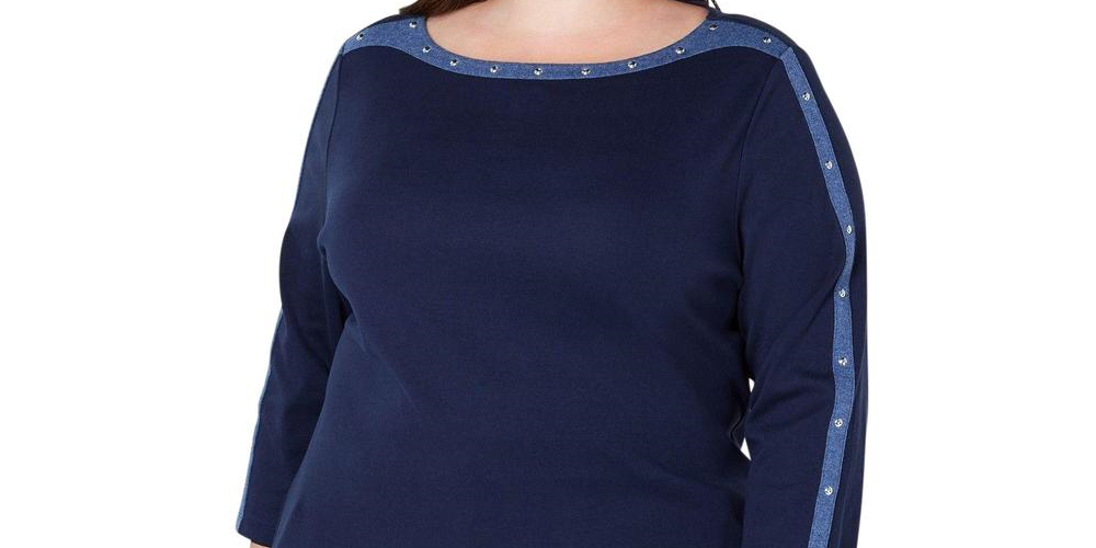 Karen Scott Blusa Feminina Manga 3/4 com Acabamento em Tachas Azul Tamanho Grande