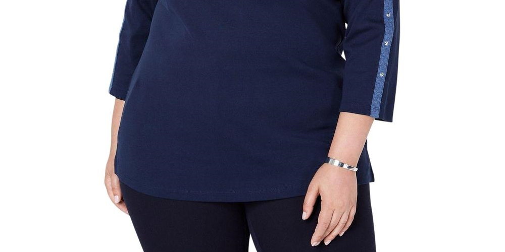 Karen Scott Blusa Feminina Manga 3/4 com Acabamento em Tachas Azul Tamanho Grande