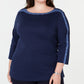 Karen Scott Blusa feminina plus size de algodão com tachas e gola canoa, azul, tamanho 2, extra grande