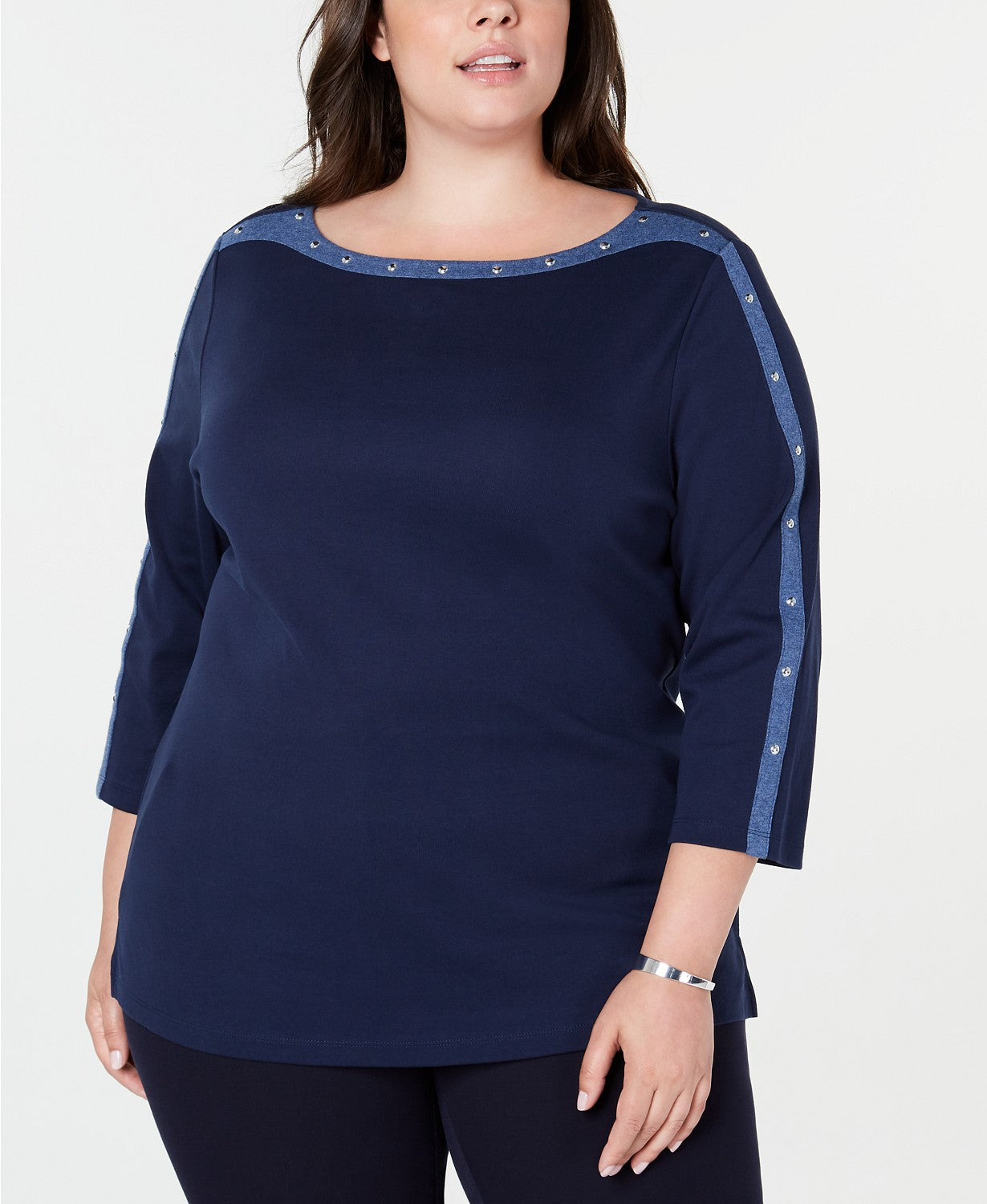 Karen Scott Blusa feminina plus size de algodão com tachas e gola canoa, azul, tamanho 2, extra grande