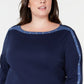 Karen Scott Blusa feminina plus size de algodão com tachas e gola canoa, azul, tamanho 2, extra grande