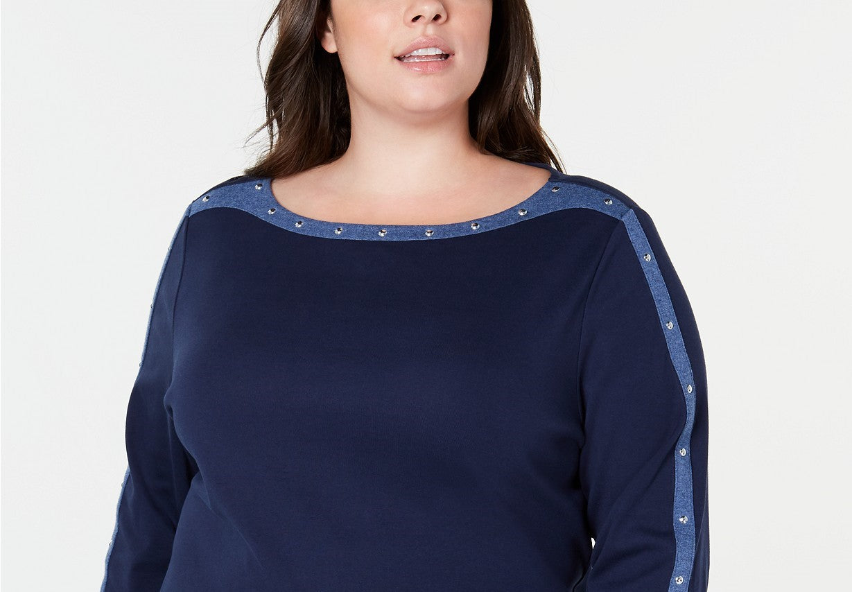 Karen Scott Blusa feminina plus size de algodão com tachas e gola canoa, azul, tamanho 2, extra grande