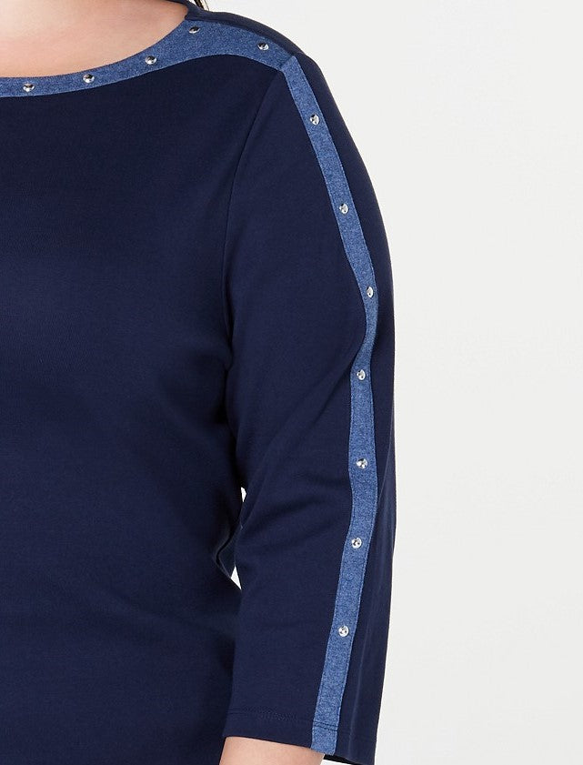 Karen Scott Blusa feminina plus size de algodão com tachas e gola canoa, azul, tamanho 2, extra grande