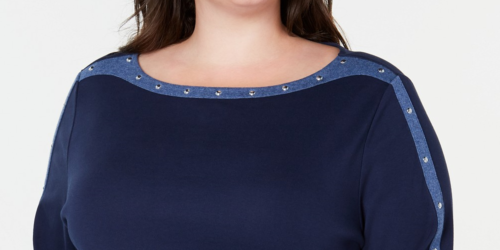 Karen Scott Blusa feminina plus size de algodão com tachas e gola canoa, azul, tamanho OX