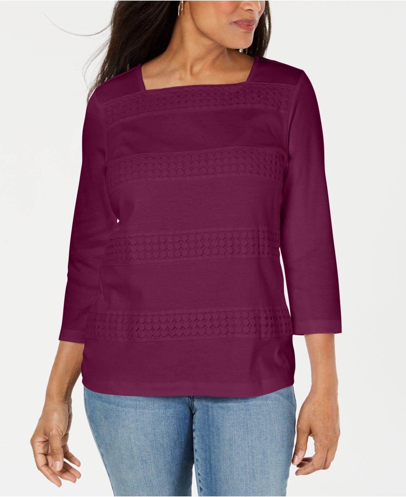 Karen Scott Blusa Feminina Listrada com Decote Quadrado e Renda Vermelha Tamanho Médio