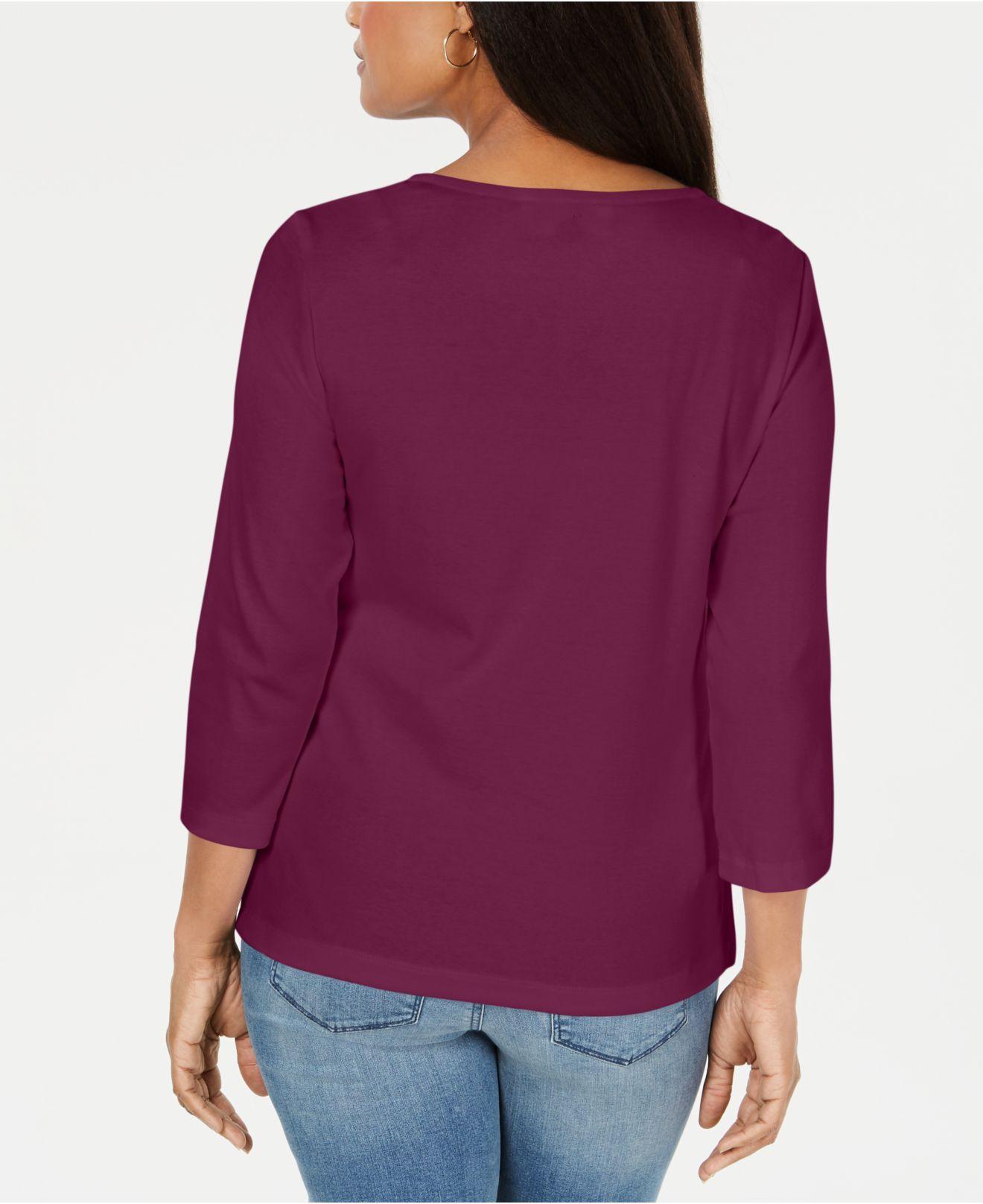 Karen Scott Blusa Feminina Listrada com Decote Quadrado e Renda Vermelha Tamanho P