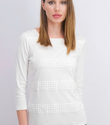 Karen Scott Blusa Feminina Listrada com Decote Quadrado e Renda, Branca, Tamanho P