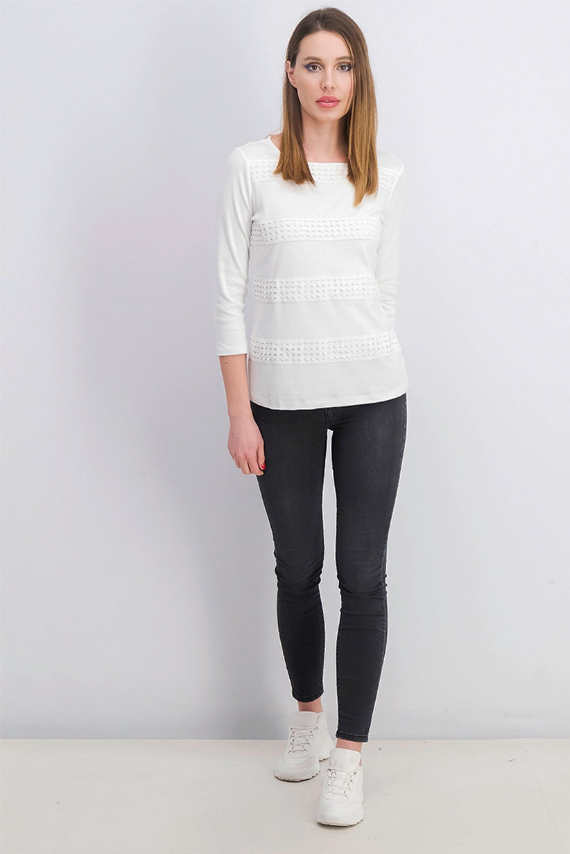 Karen Scott Blusa Feminina Listrada com Decote Quadrado e Renda, Branca, Tamanho Extra Pequeno