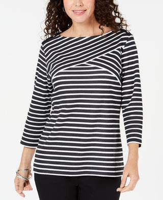 Karen Scott Women's Petite Striped Crossover Top Black Size Large Petite
