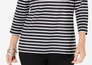 Karen Scott Women's Petite Striped Crossover Top Black Size Large Petite