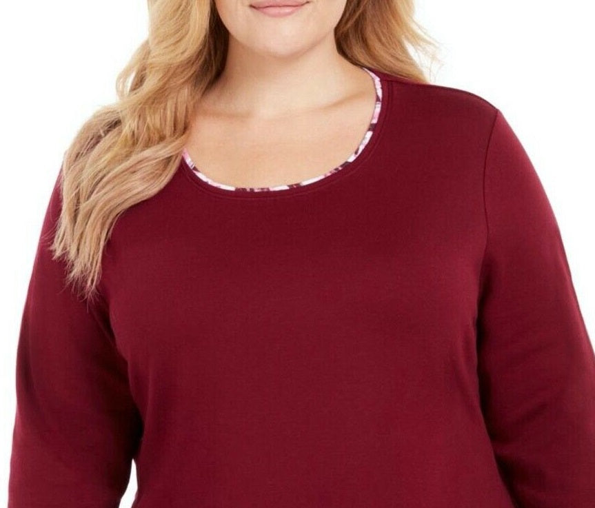 Karen Scott Blusa feminina lisa e xadrez com aparência em camadas, vermelha, tamanho grande