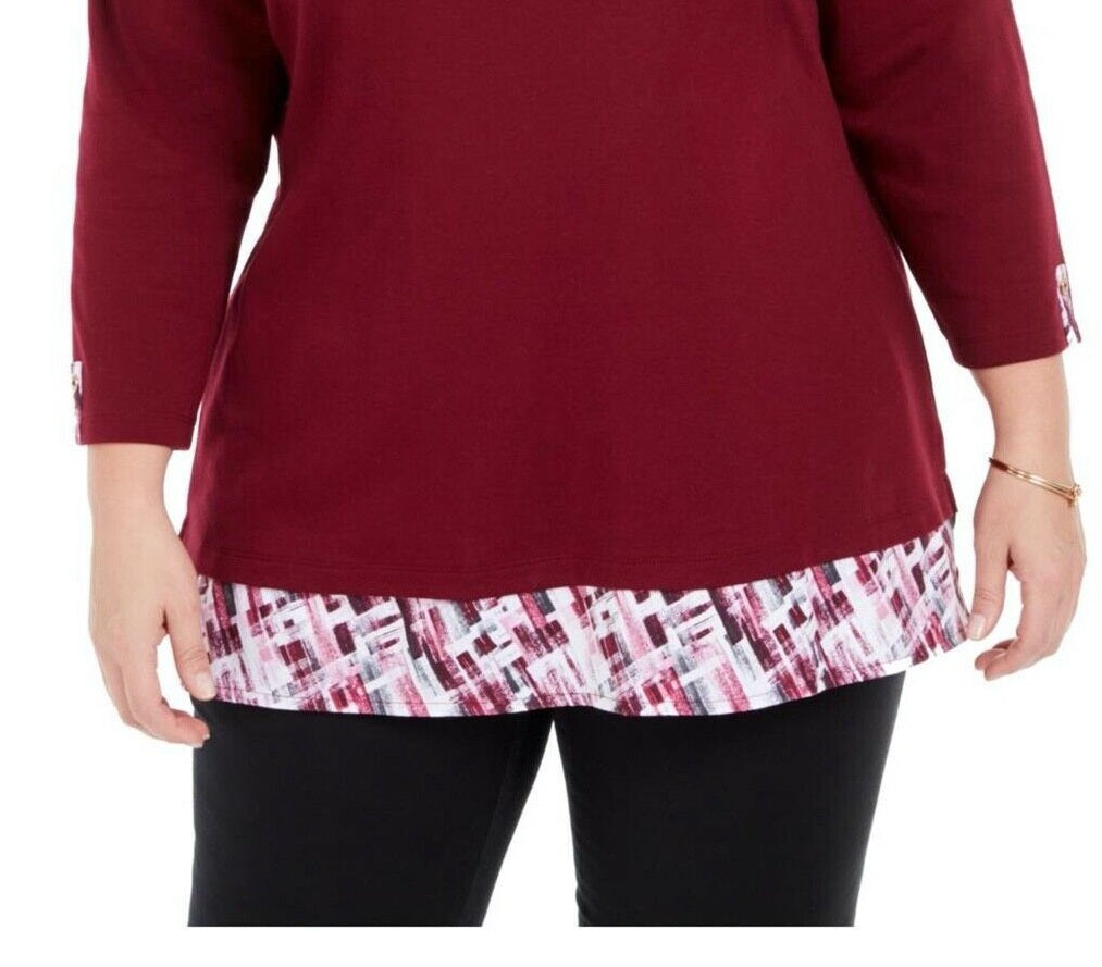 Karen Scott Blusa feminina lisa e xadrez com aparência em camadas, vermelha, tamanho grande