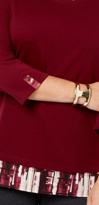 Karen Scott Blusa feminina lisa e xadrez com aparência em camadas, vermelha, tamanho médio