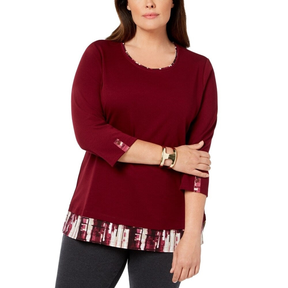 Karen Scott Blusa feminina lisa e xadrez com aparência em camadas, vermelha, tamanho pequeno