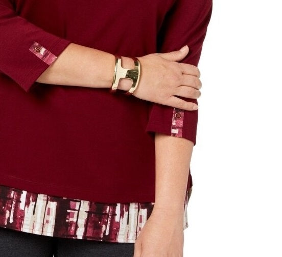 Karen Scott Blusa feminina lisa e xadrez com aparência em camadas, vermelha, tamanho pequeno