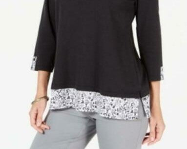 Karen Scott Blusa Feminina Estampada Manga 3/4 Preta Tamanho P