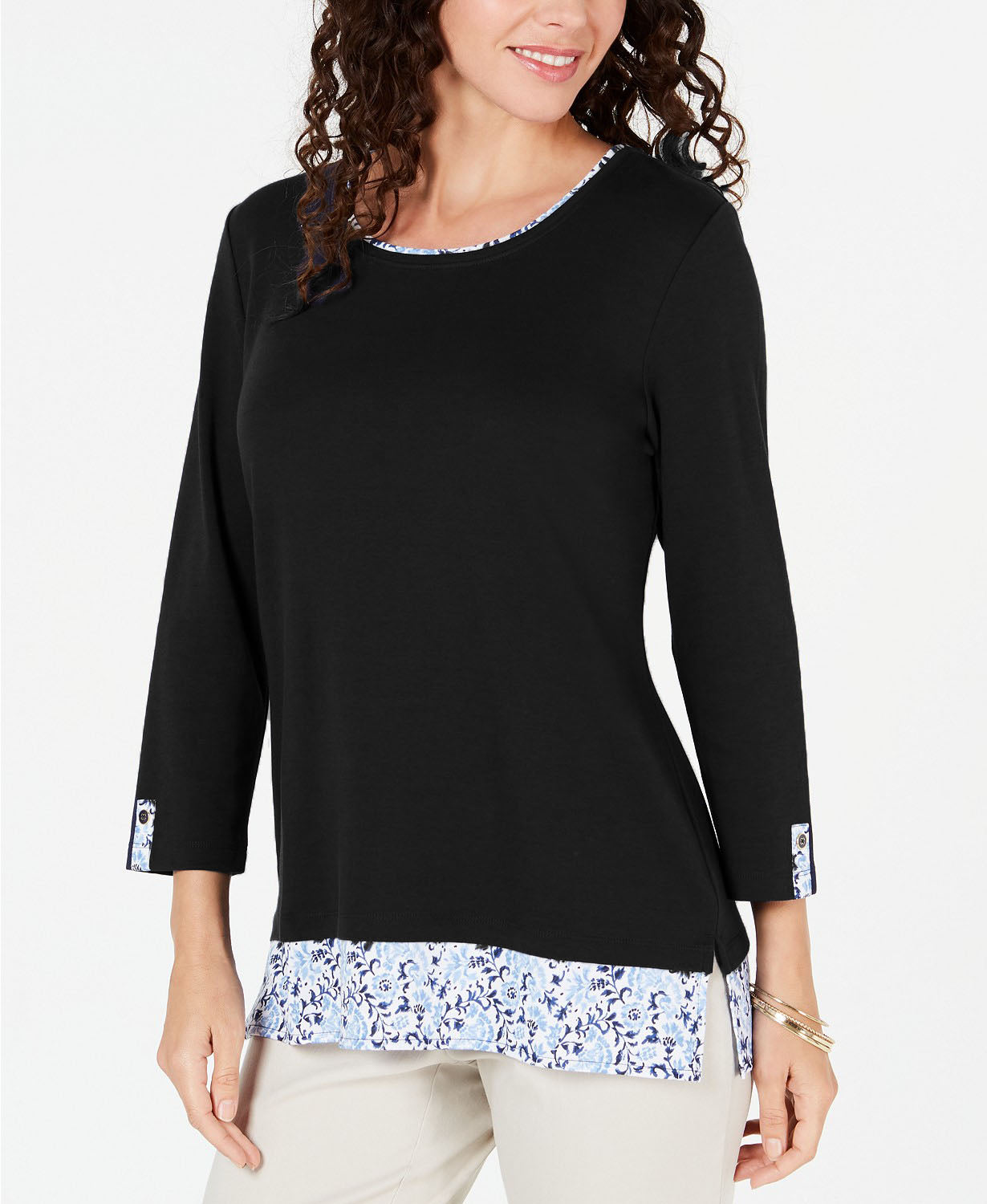 Karen Scott Blusa Feminina Estampada Manga 3/4 Preta Tamanho Médio