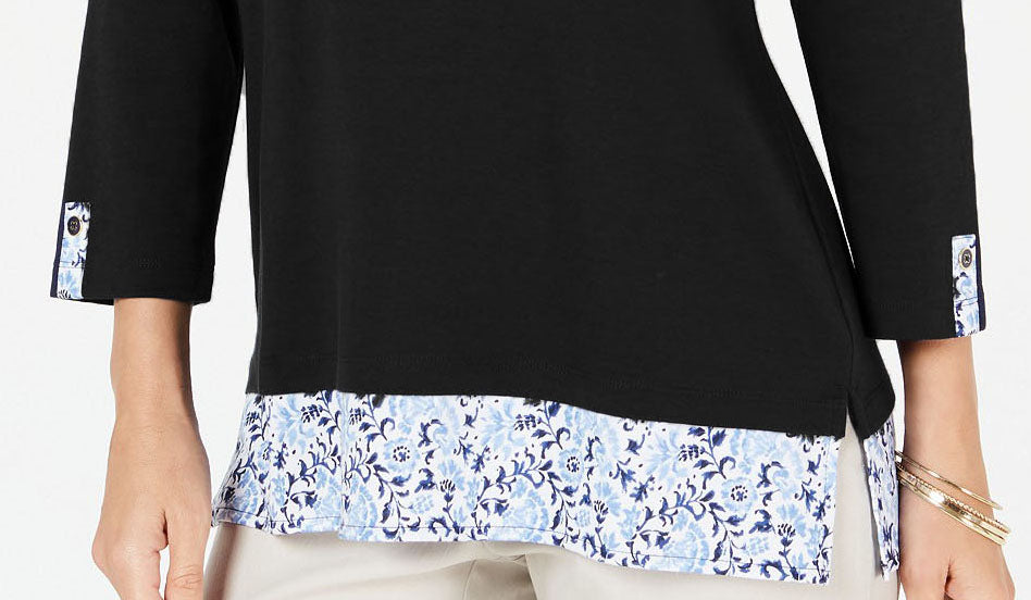 Karen Scott Blusa Feminina Estampada Manga 3/4 Preta Tamanho Médio